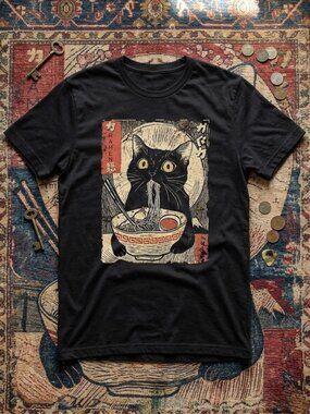 Vintage Japanese Ramen Cat Graphic T-Shirt Unisex Cotton Y2K Streetwear